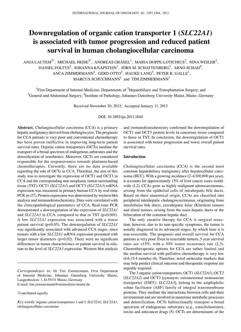 Downregulation of Organic Cation Transporter 1 (SLC22A1) Is Associated with Tumor Progression and Reduced Patient Survival in Human Cholangiocellular Carcinoma