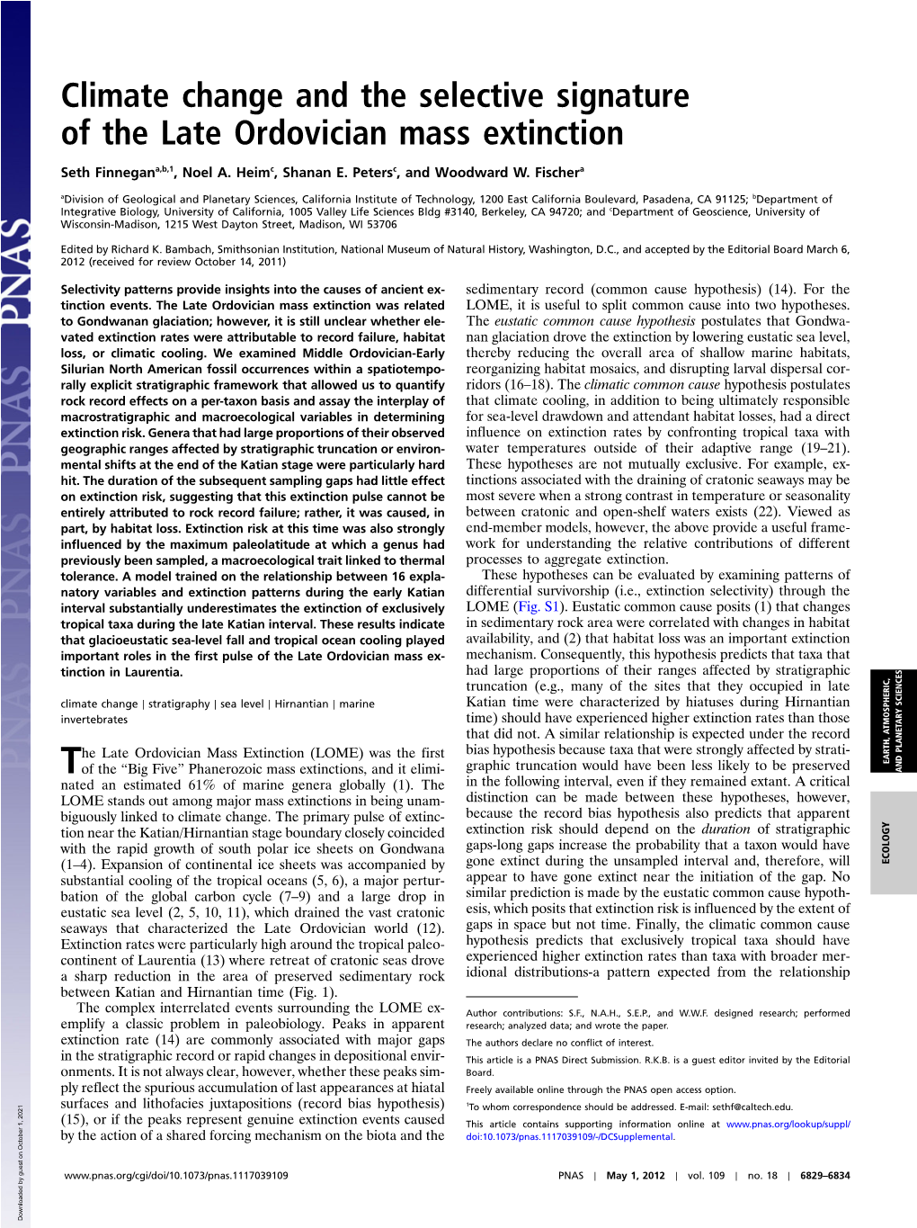 Climate Change and the Selective Signature of the Late Ordovician Mass Extinction