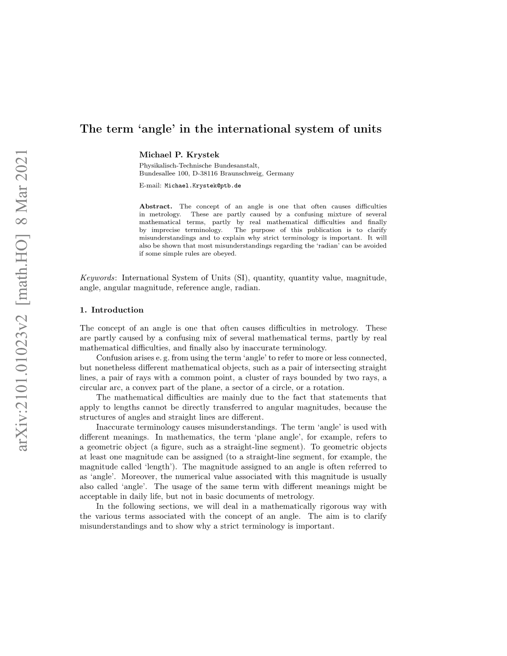 Arxiv:2101.01023V2 [Math.HO] 8 Mar 2021 H Aiu Em Soitdwt H Ocp Fa Nl.Th Angle