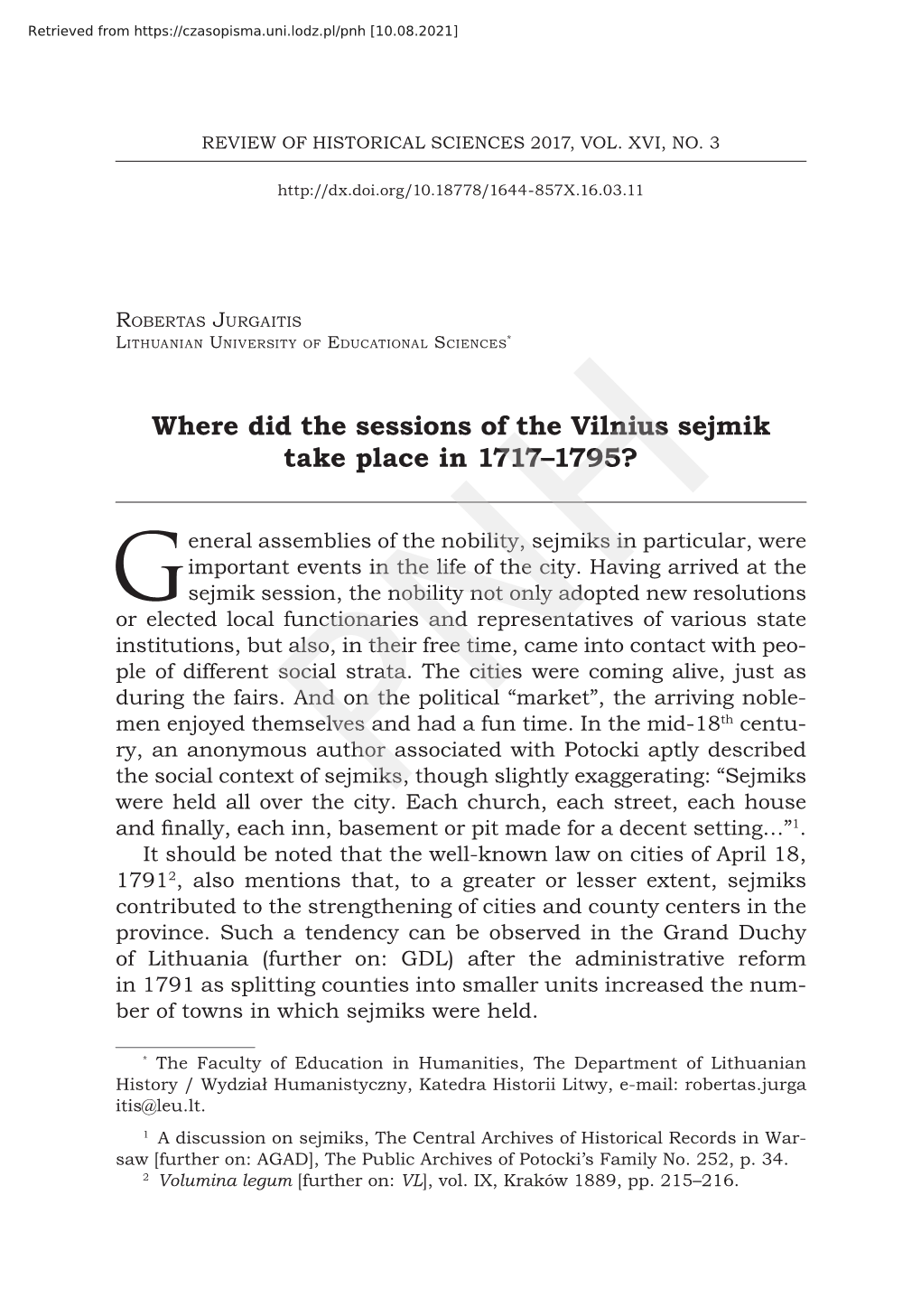 Where Did the Sessions of the Vilnius Sejmik Take Place in 1717–1795?