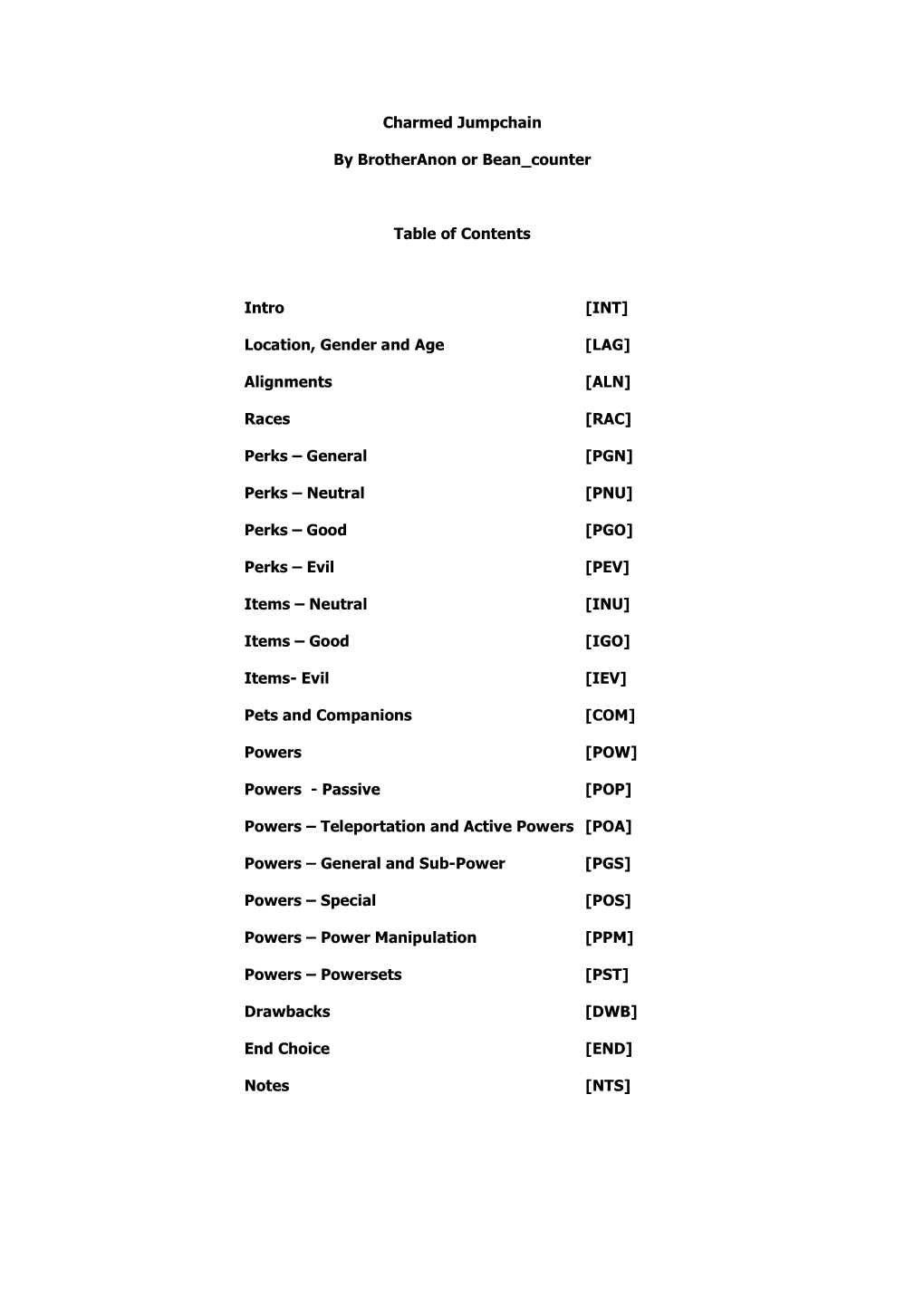 Charmed Jumpchain by Brotheranon Or Bean Counter Table of Contents