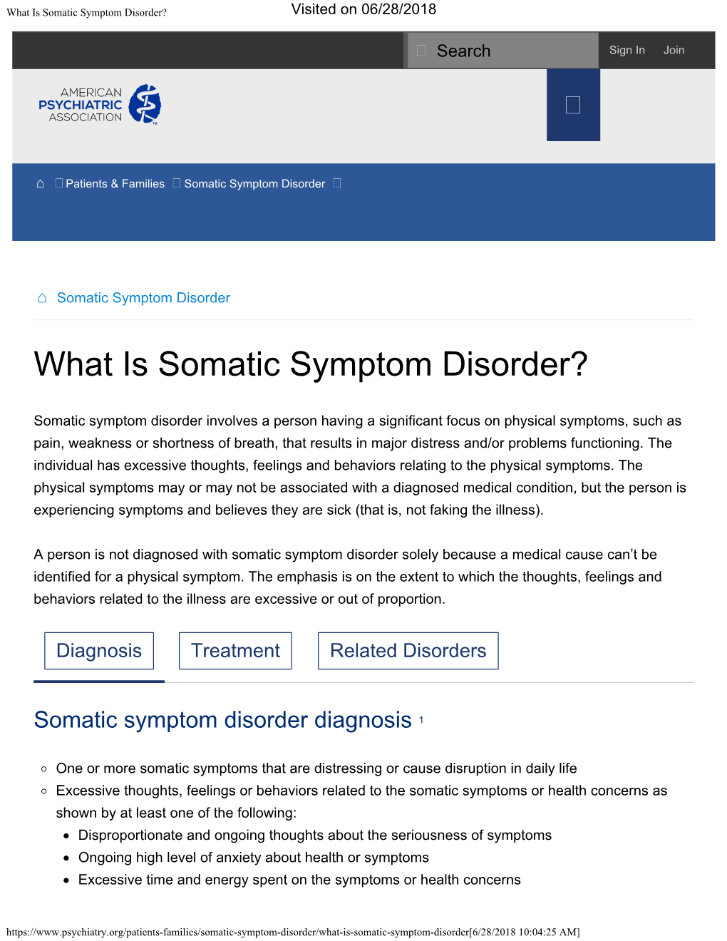 What Is Somatic Symptom Disorder? Visited on 06/28/2018