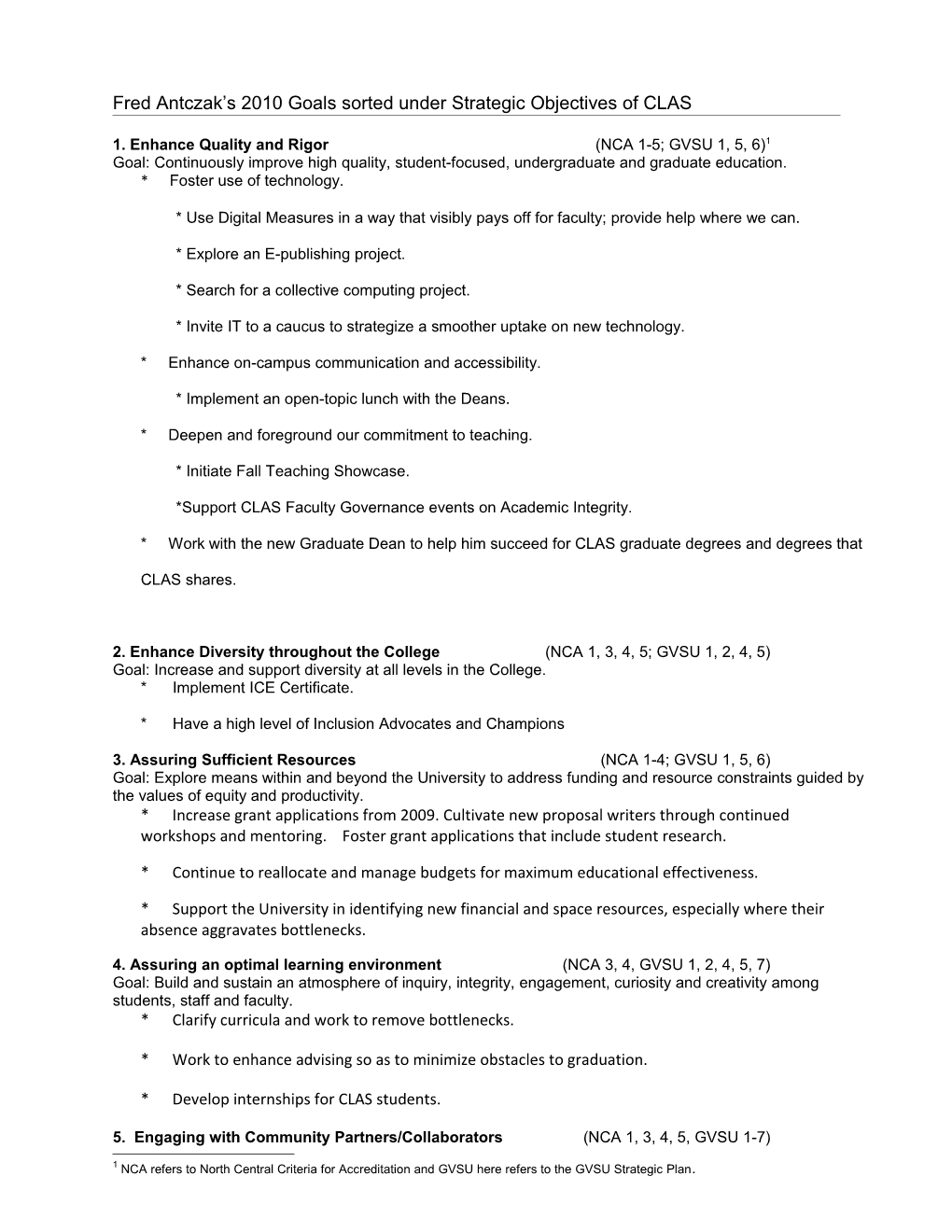 Rough Draft of Fred S Goals Sorted Under Strategic Objectives of CLAS