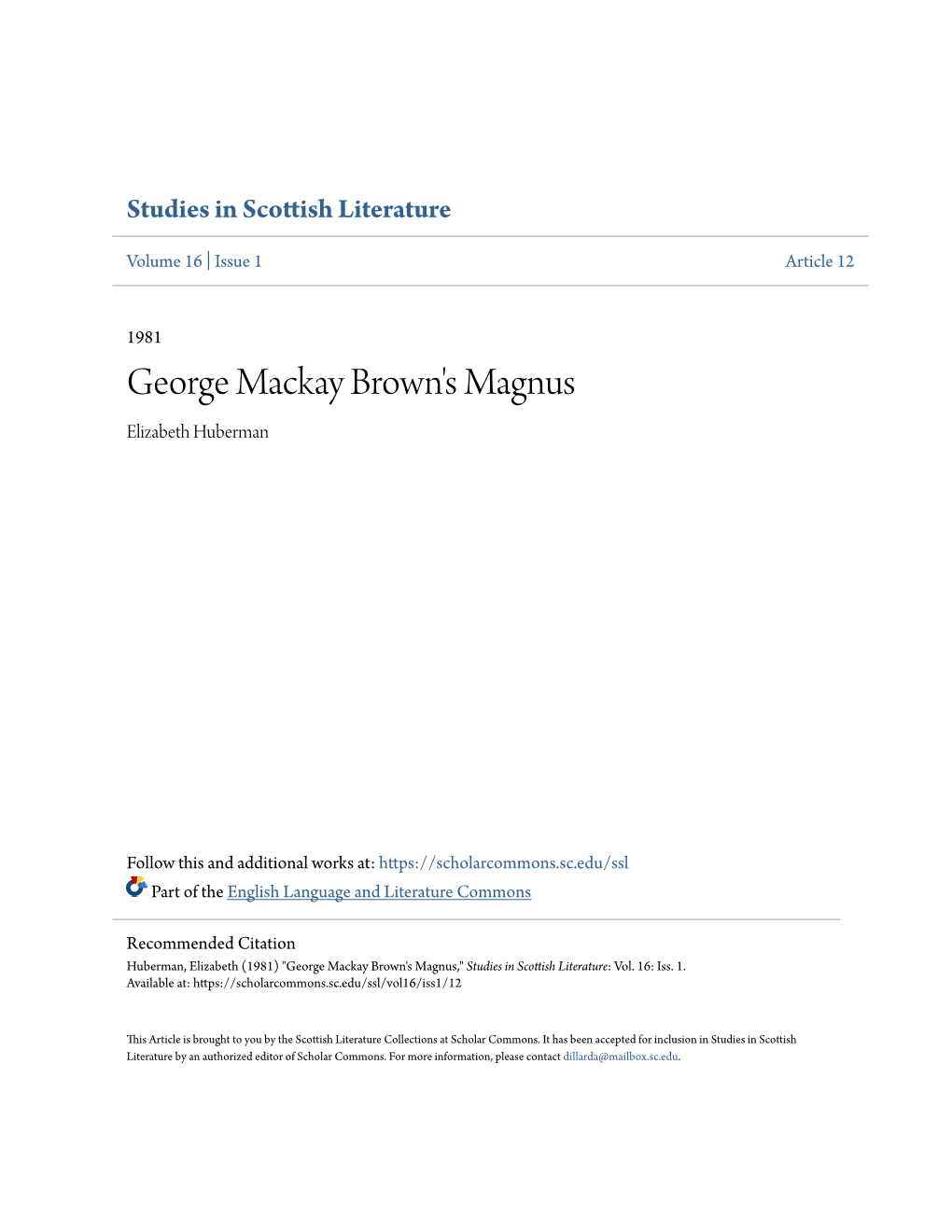 George Mackay Brown's Magnus Elizabeth Huberman