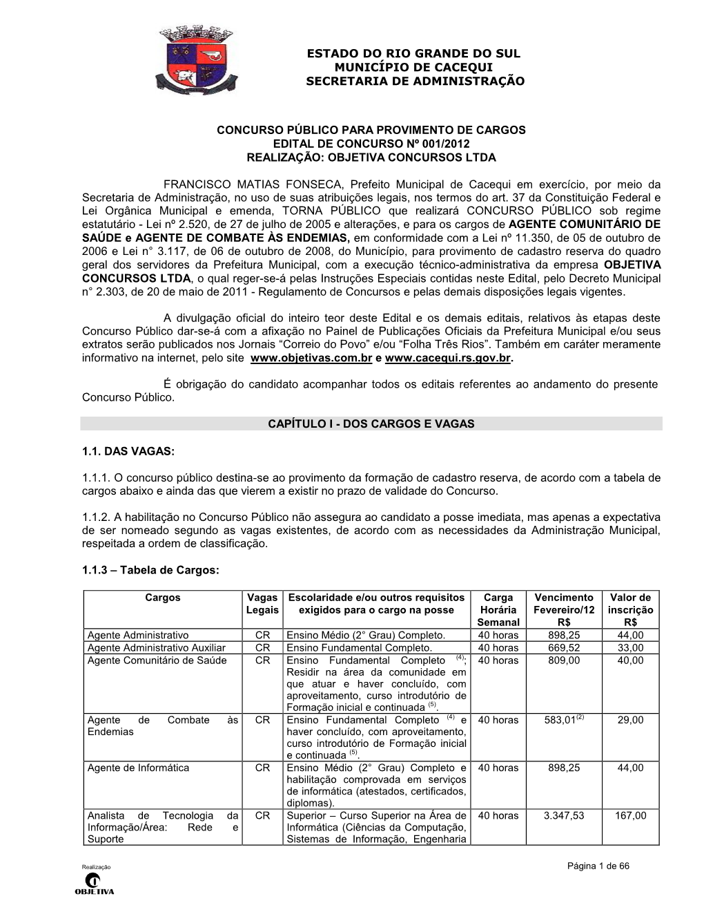 Concurso Público Para Provimento De Cargos Edital De Concurso Nº 001/2012 Realização: Objetiva Concursos Ltda