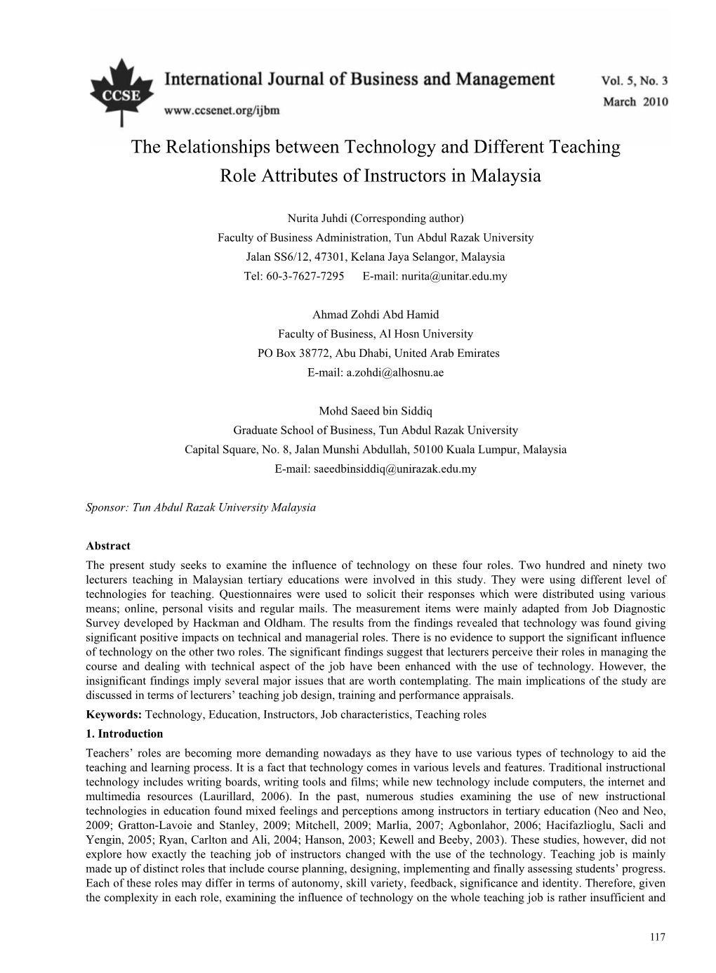 The Relationships Between Technology and Different Teaching Role Attributes of Instructors in Malaysia