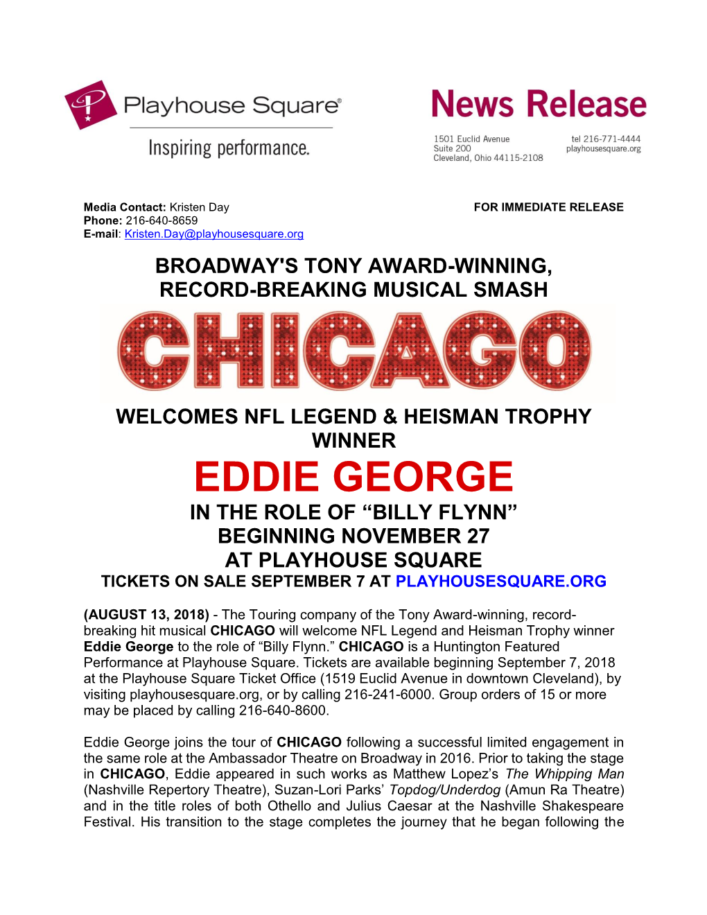 Eddie George in the Role of “Billy Flynn” Beginning November 27 at Playhouse Square Tickets on Sale September 7 at Playhousesquare.Org