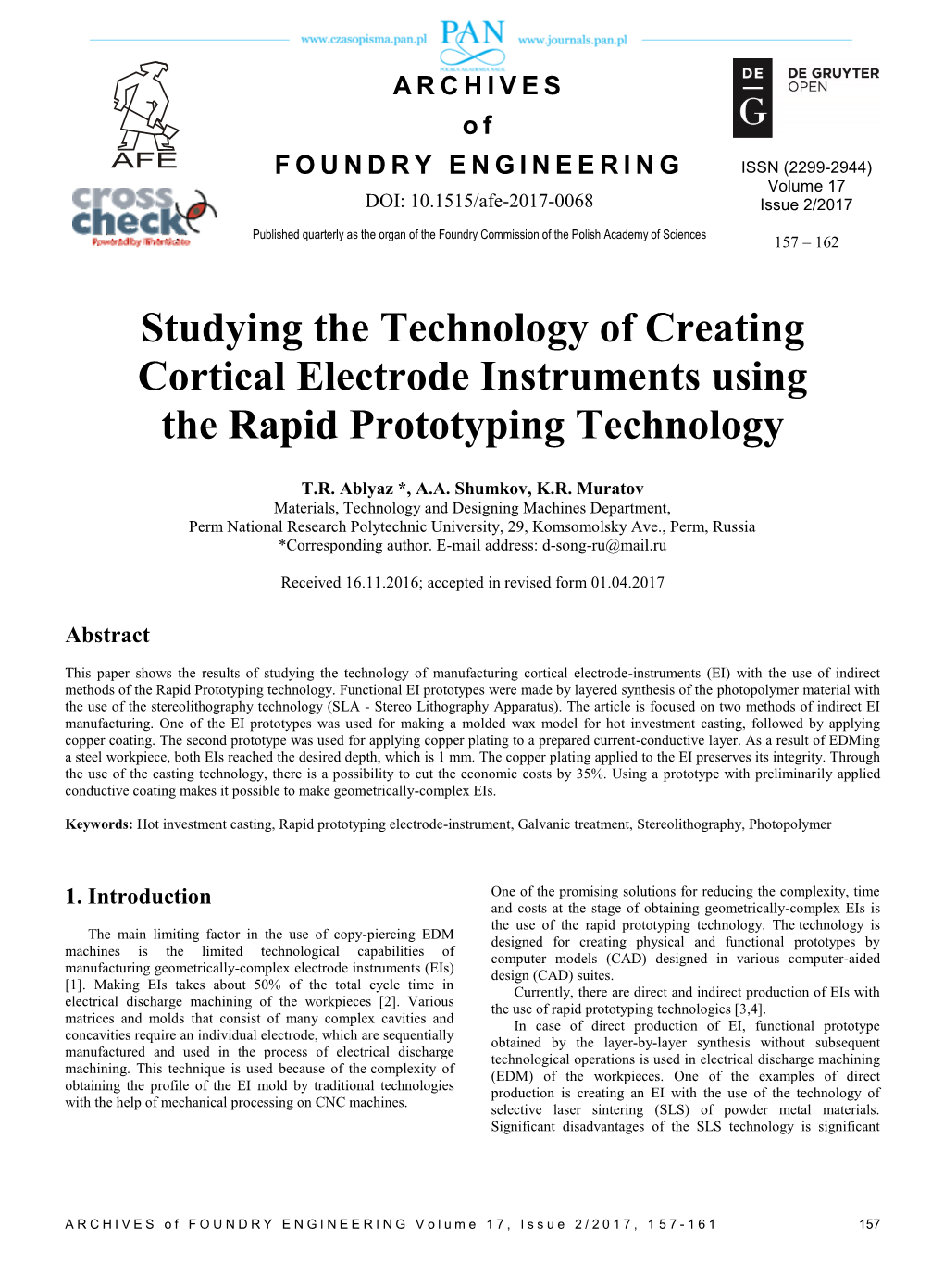 Studying the Technology of Creating Cortical Electrode Instruments Using the Rapid Prototyping Technology