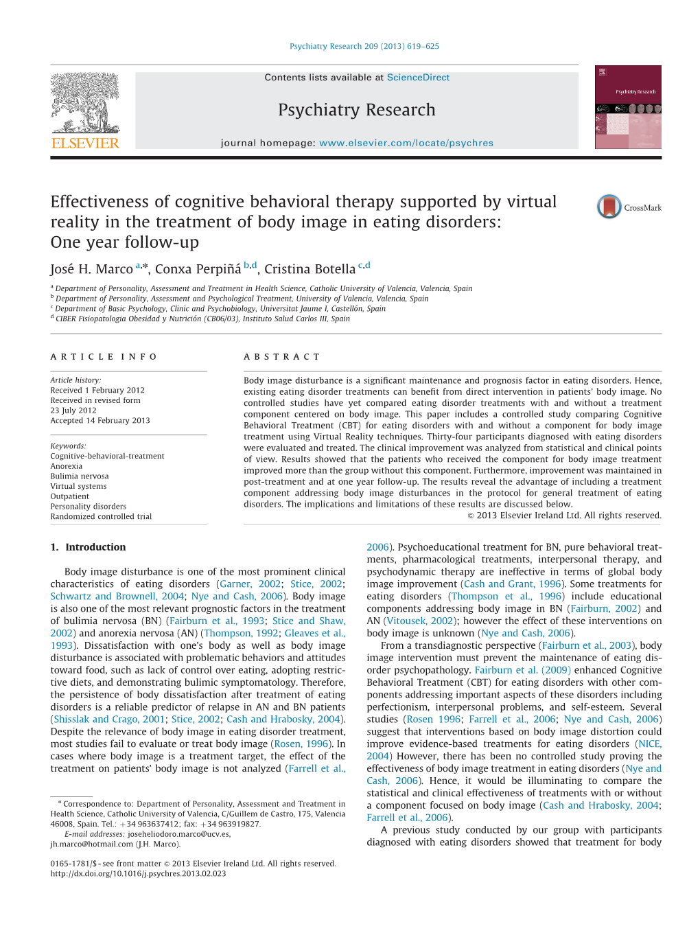 Effectiveness of Cognitive Behavioral Therapy Supported by Virtual Reality in the Treatment of Body Image in Eating Disorders: One Year Follow-Up