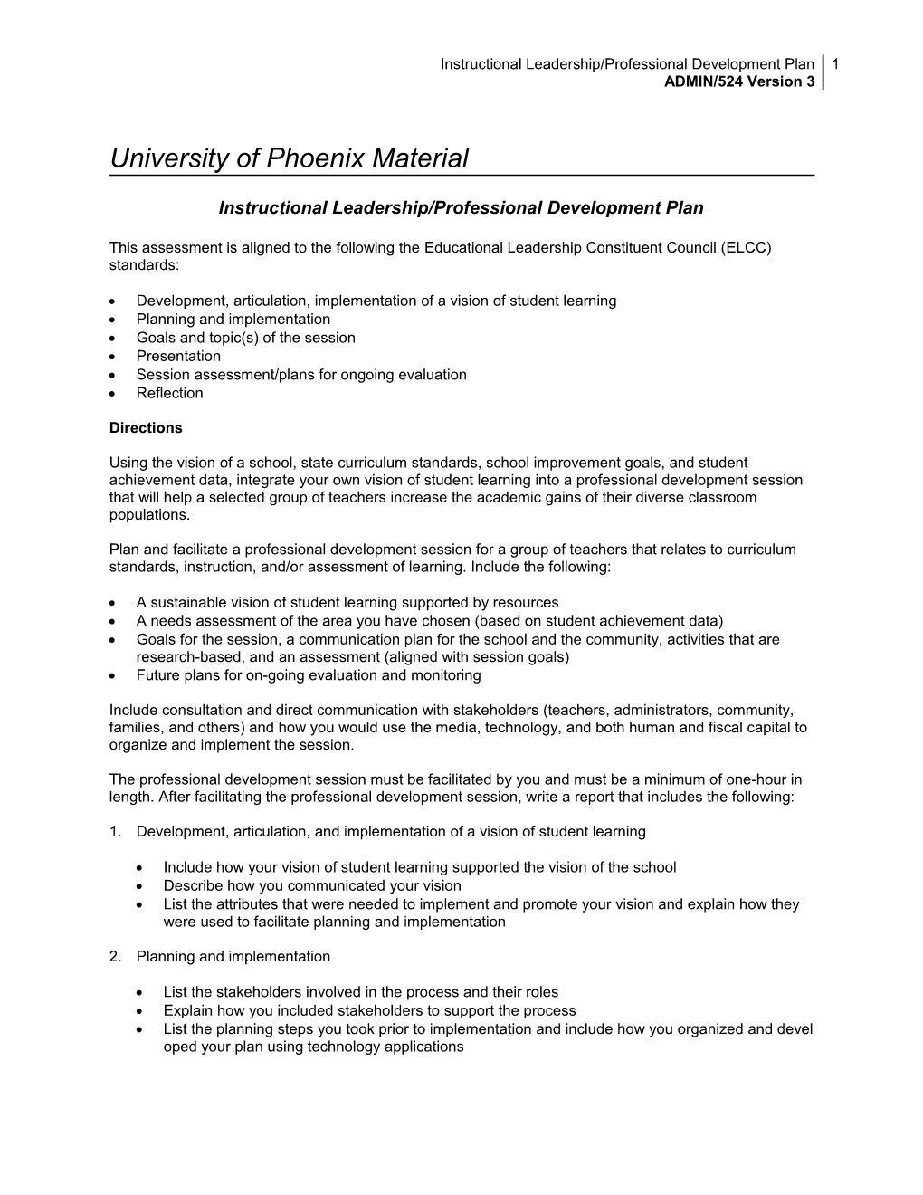 Instructional Leadership/Professional Development Plan