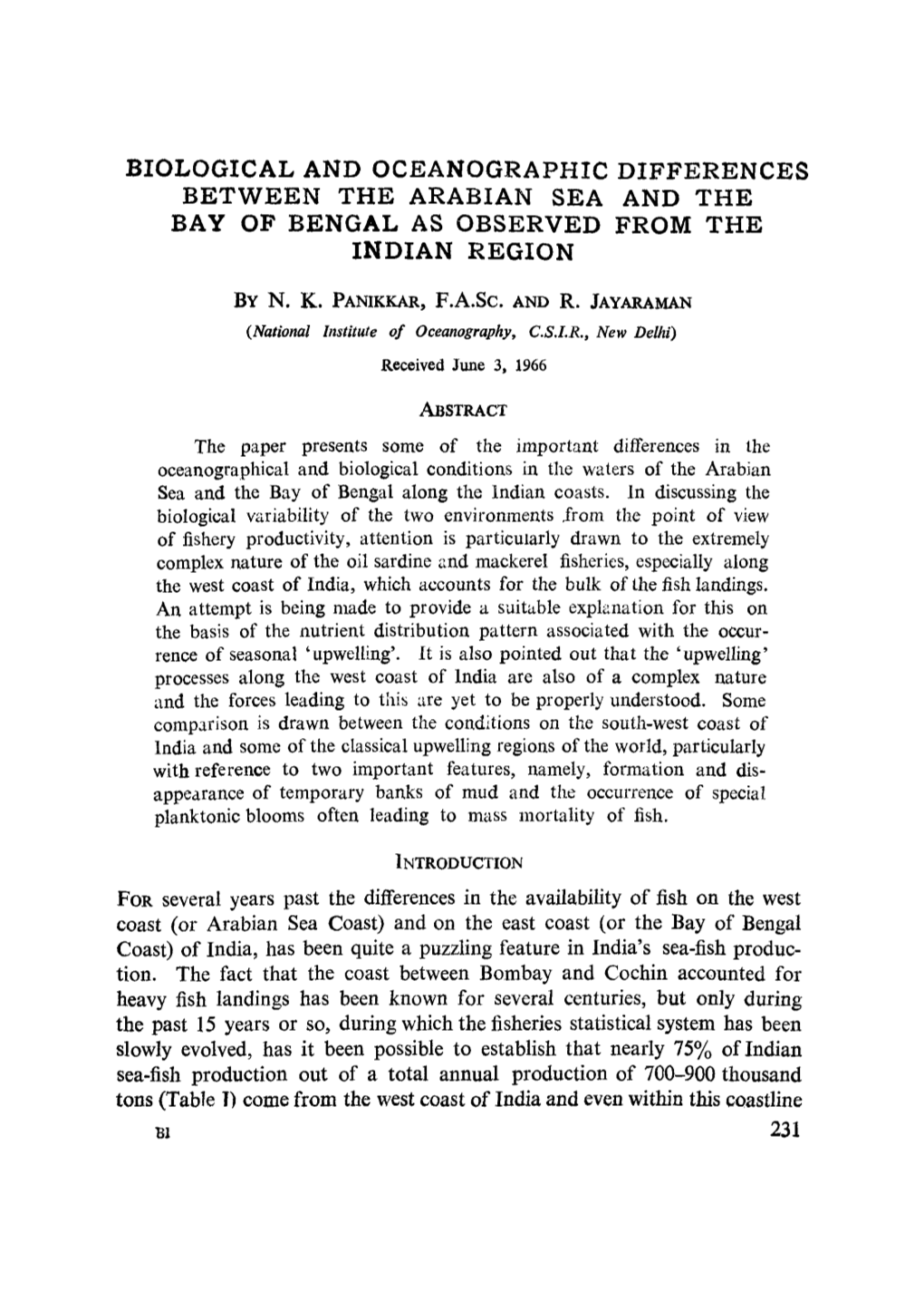 Biological and Oceanographic Differences Between the Arabian Sea and the Bay of Bengal As Observed from the Indian Region by N