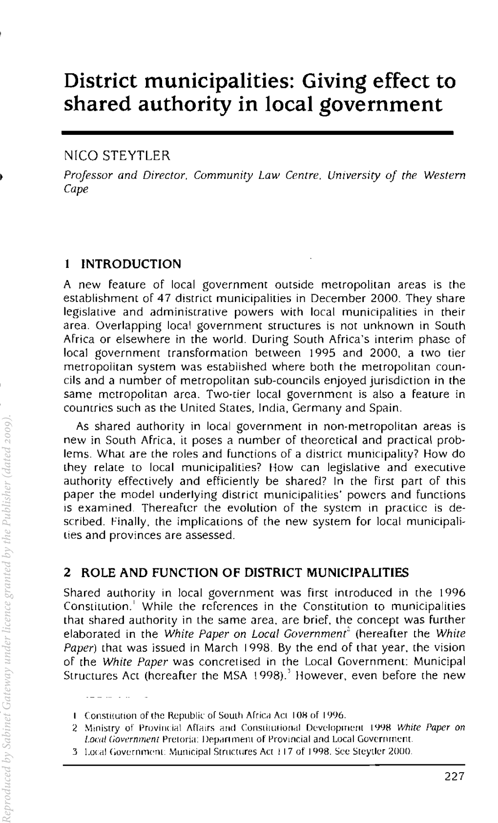 District Municipalities: Giving Effect to Shared Authority in Local Government