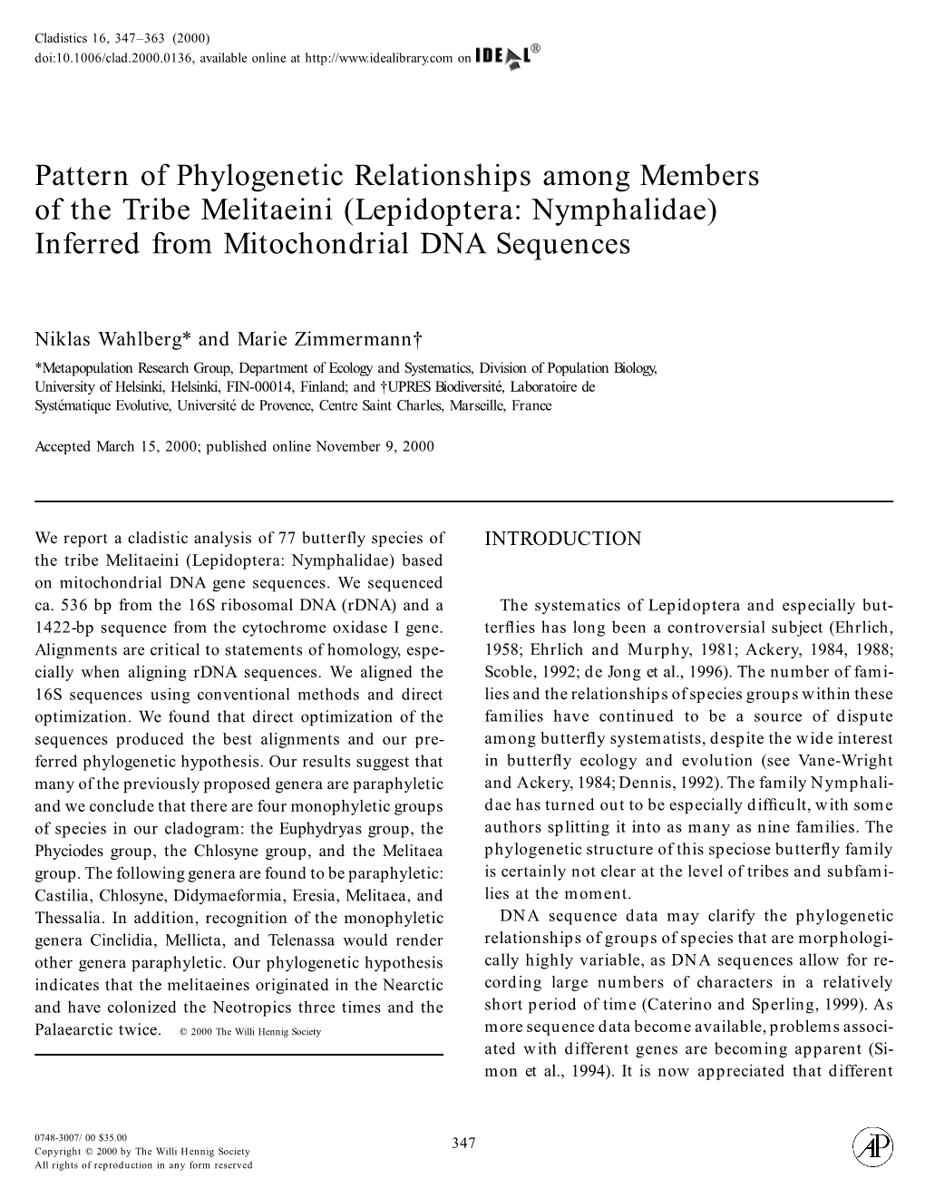 Pattern of Phylogenetic Relationships Among Members of the Tribe Melitaeini (Lepidoptera: Nymphalidae) Inferred from Mitochondrial DNA Sequences