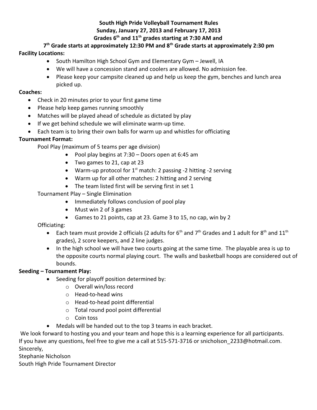 South High Pride Volleyball Tournament Rules