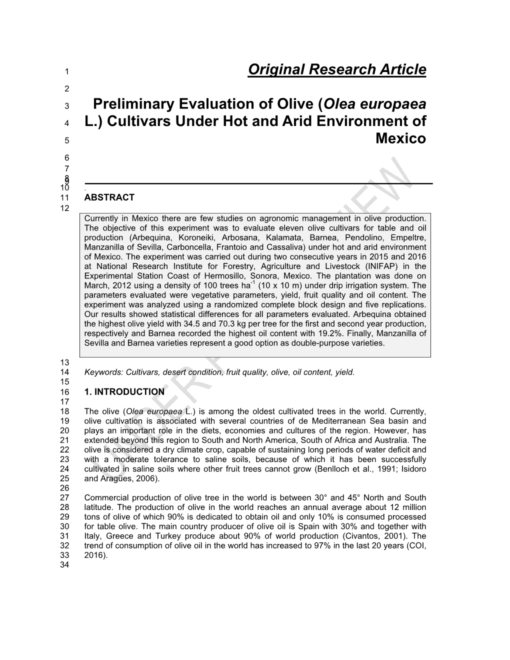 Original Research Article Preliminary Evaluation of Olive (Olea Europaea