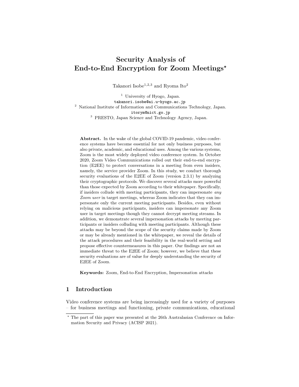 Security Analysis of End-To-End Encryption for Zoom Meetings⋆