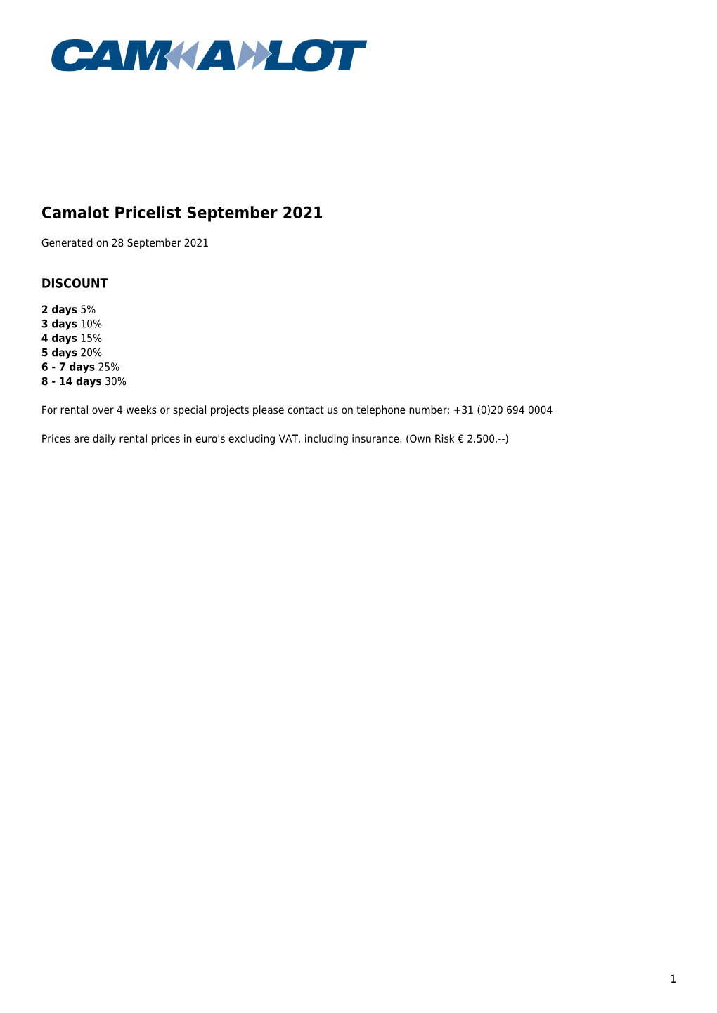 Camalot Pricelist August 2021
