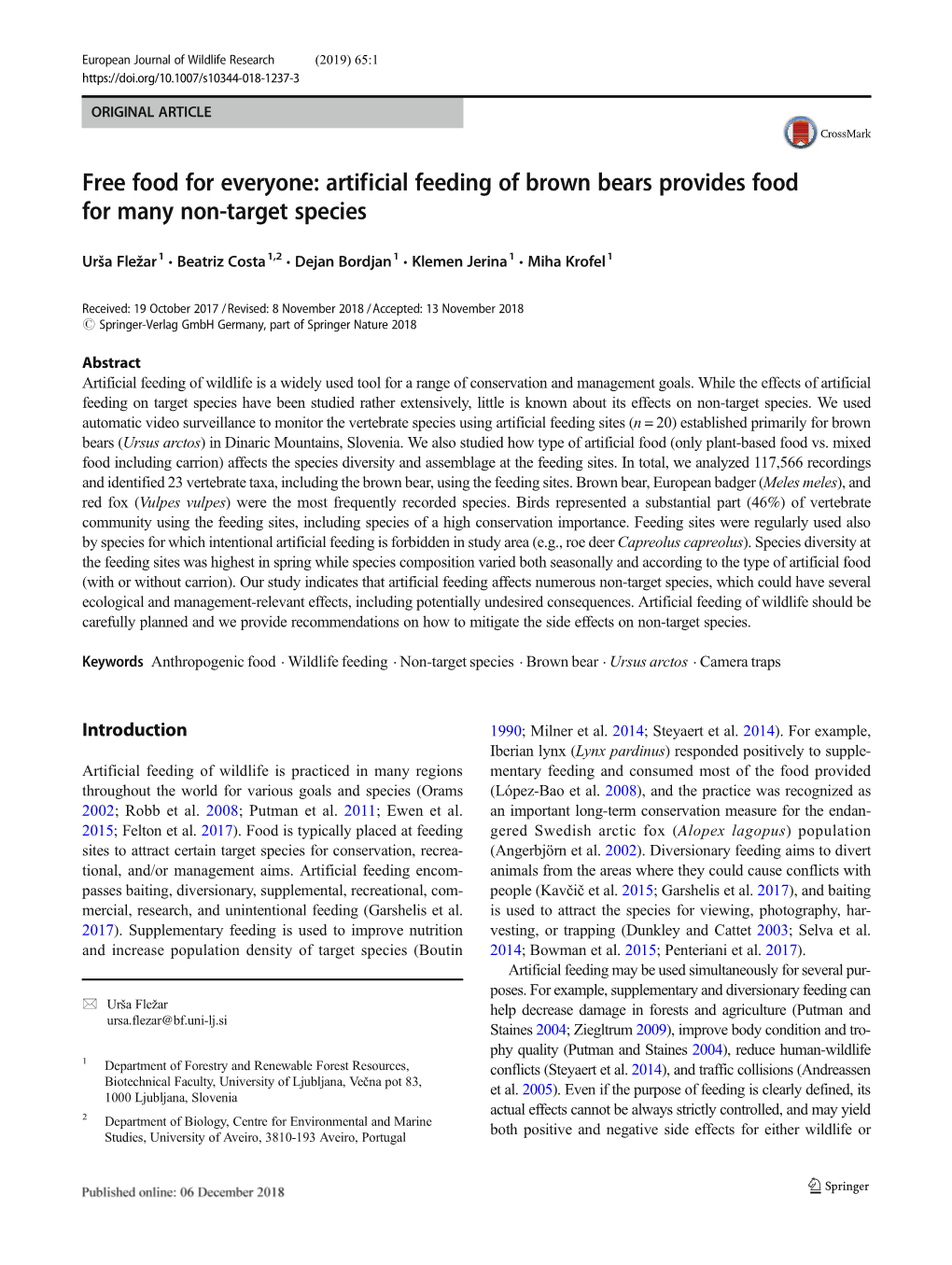 Artificial Feeding of Brown Bears Provides Food for Many Non-Target Species