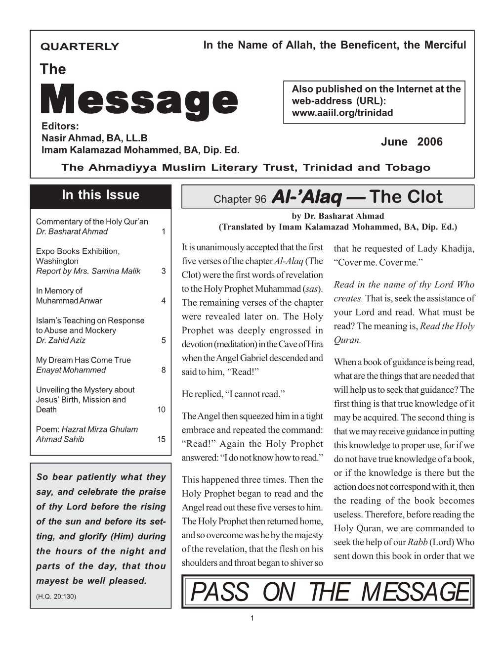 The Message [Official Periodical of the 'Ahmadiyya Muslim Literary Trust