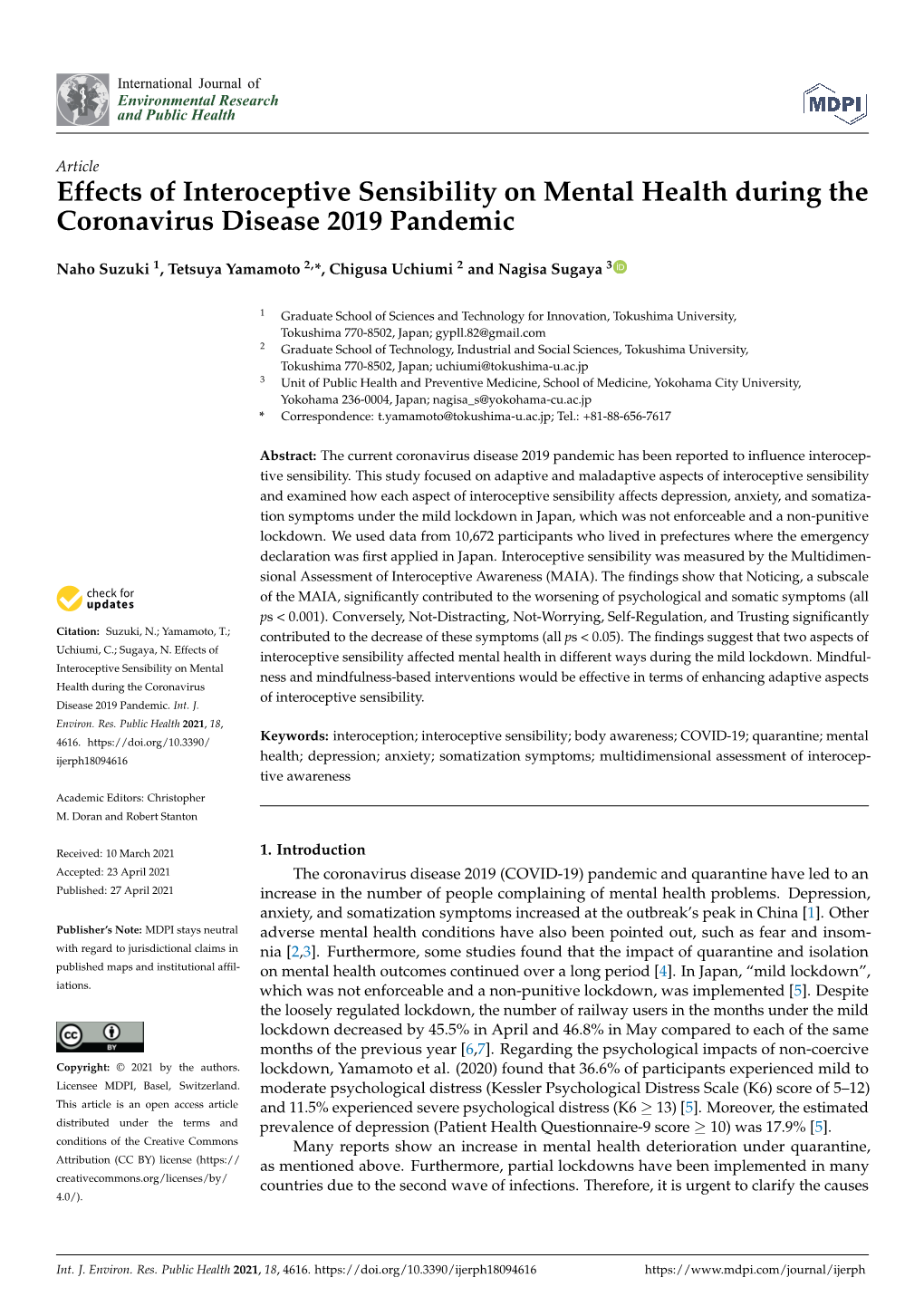 Effects of Interoceptive Sensibility on Mental Health During the Coronavirus Disease 2019 Pandemic