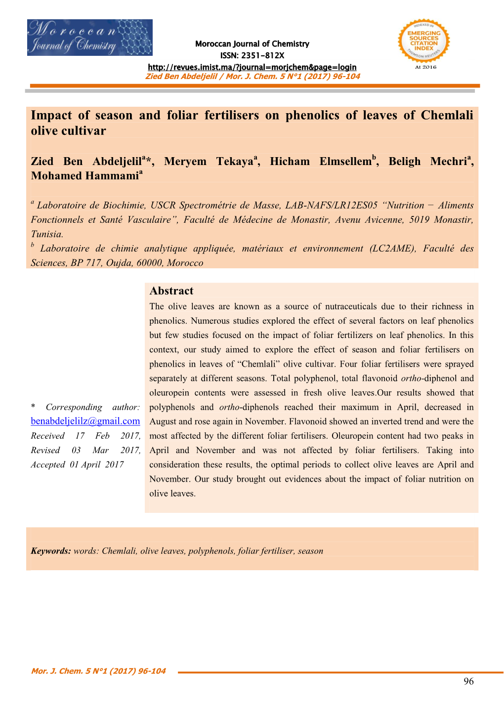 Impact of Season and Foliar Fertilisers on Phenolics of Leaves of Chemlali Olive Cultivar