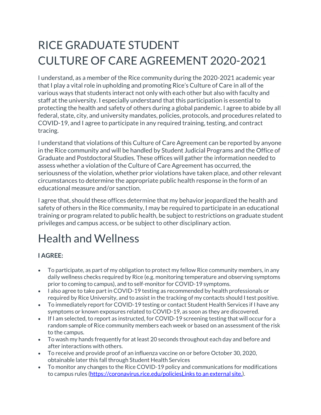 Rice Graduate Student Culture of Care Agreement 2020-2021