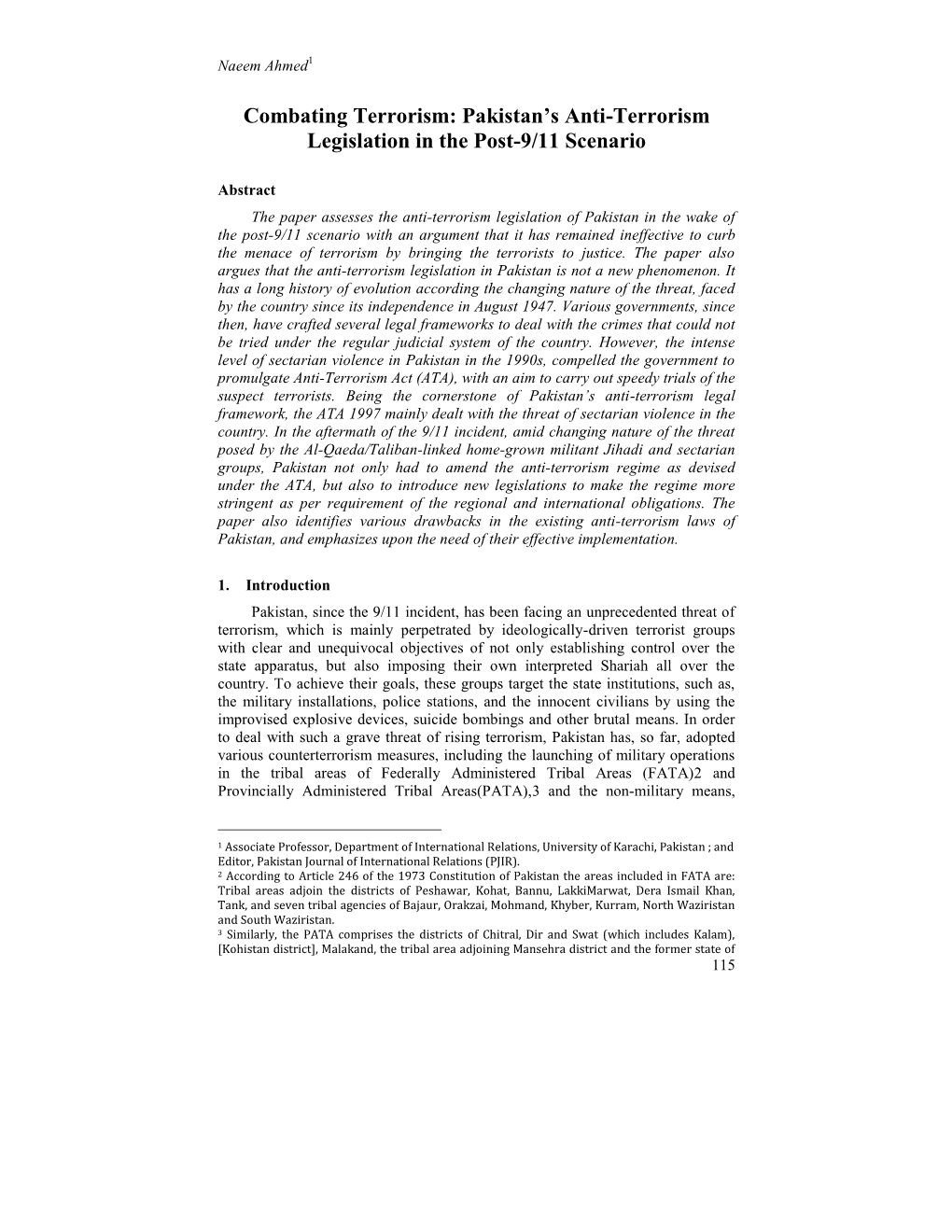 Combating Terrorism: Pakistan’S Anti-Terrorism Legislation in the Post-9/11 Scenario