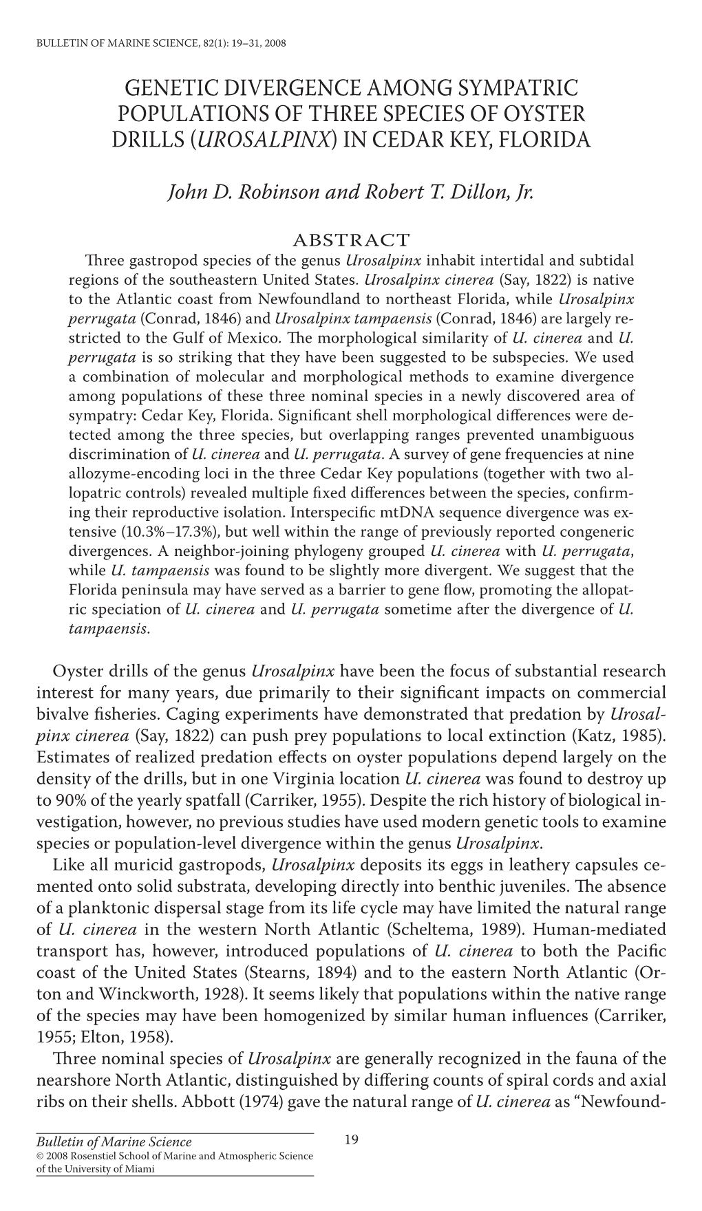 Genetic Divergence Among Sympatric Populations of Three Species of Oyster Drills (Urosalpinx) in Cedar Key, Florida