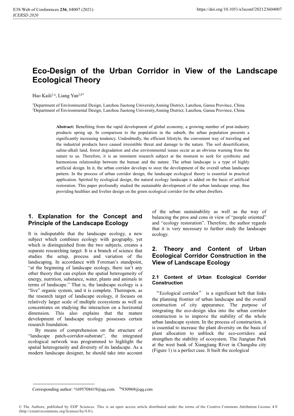 Eco-Design of the Urban Corridor in View of the Landscape Ecological Theory