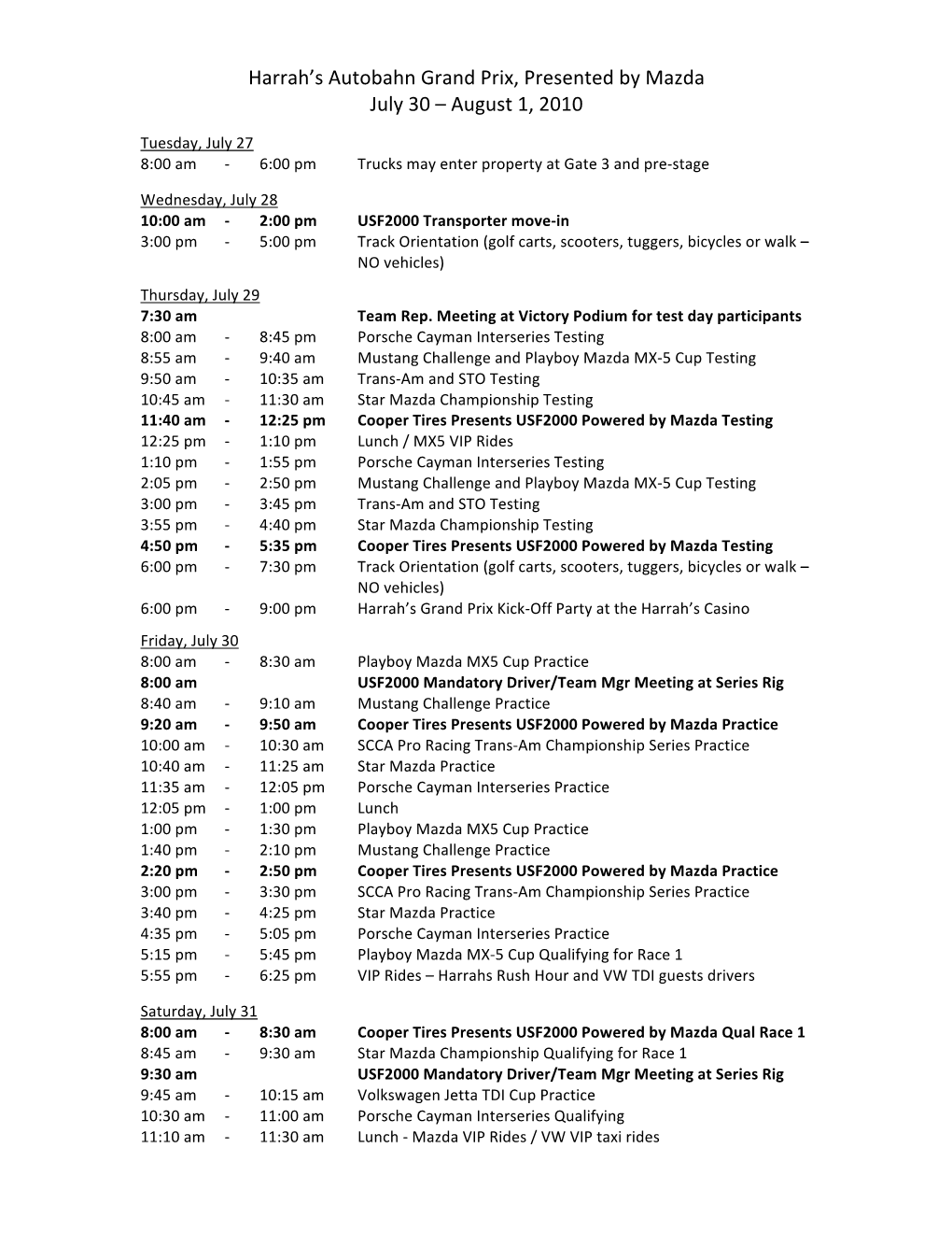 USF2000 Event Schedule