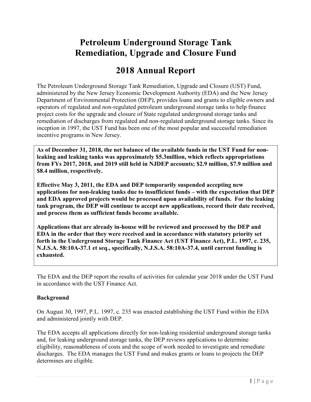 Petroleum Underground Storage Tank Remediation, Upgrade and Closure Fund