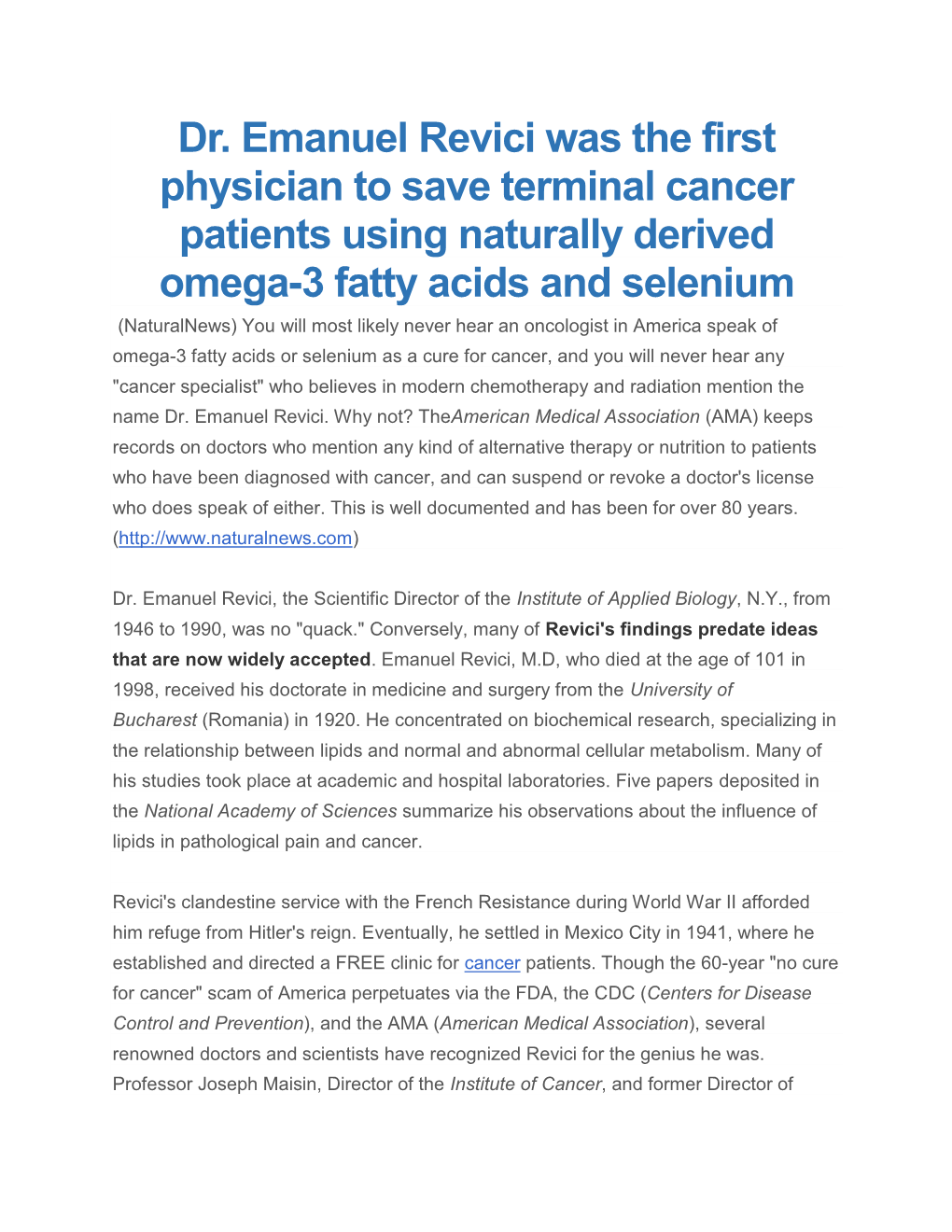 Dr. Emanuel Revici Was the First Physician to Save Terminal Cancer Patients Using Naturally Derived Omega-3 Fatty Acids and Sele