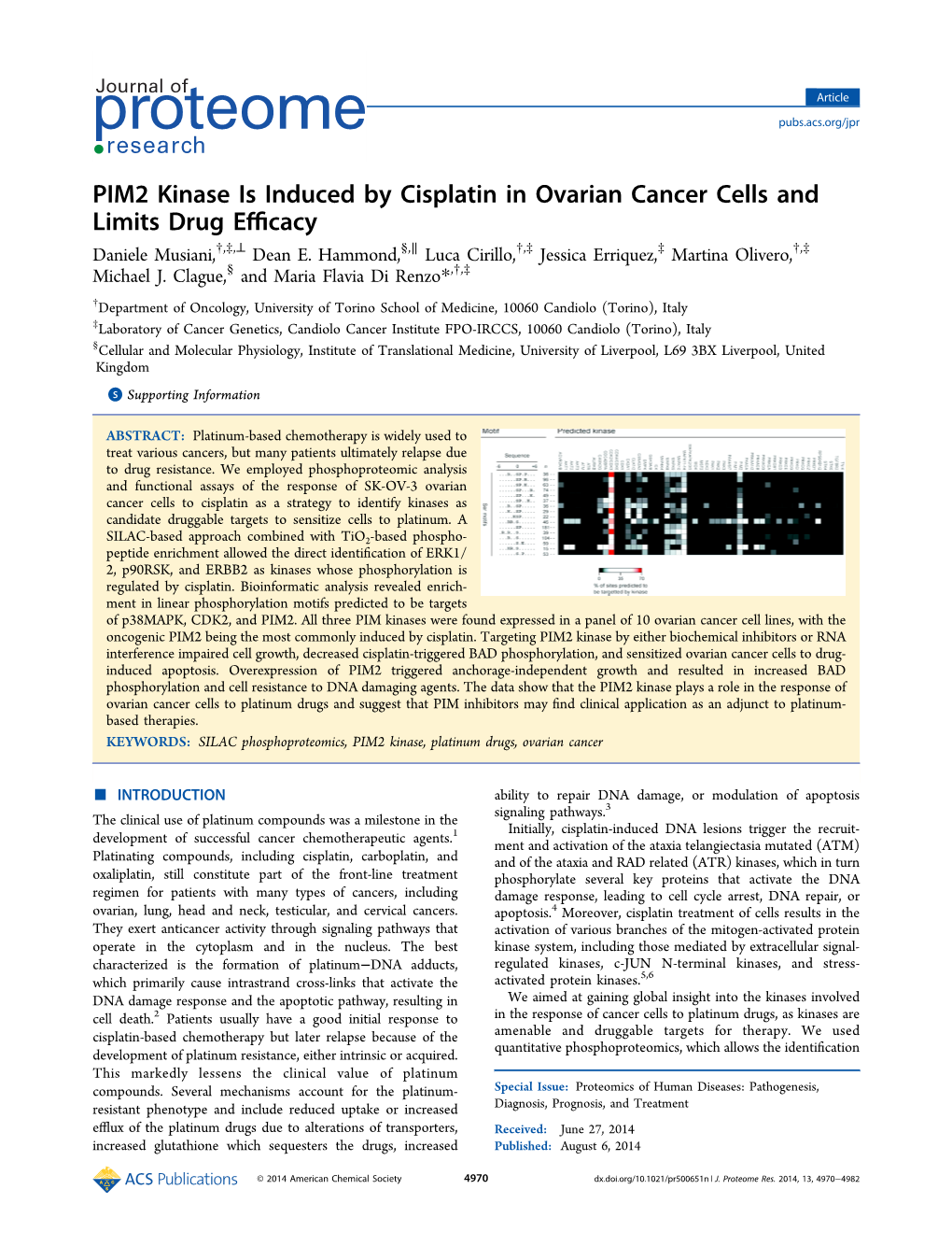 PIM2 Kinase Is Induced by Cisplatin in Ovarian Cancer Cells and Limits Drug Eﬃcacy † ‡ ⊥ § ∥ † ‡ ‡ † ‡ Daniele Musiani, , , Dean E