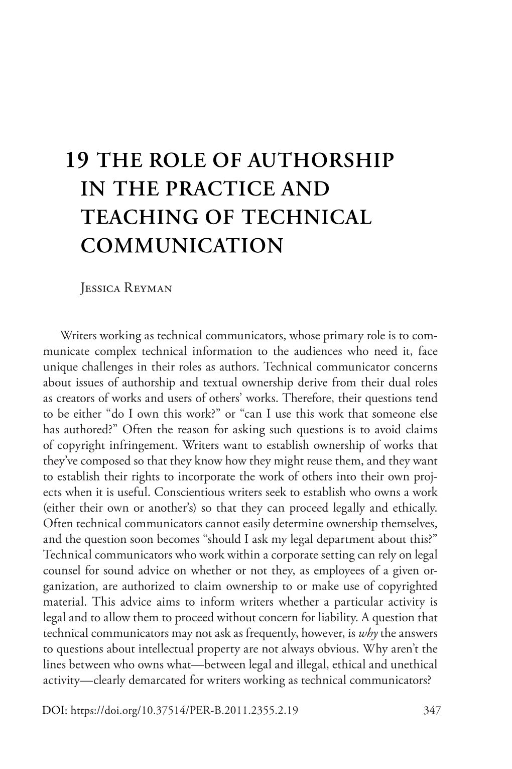 19 the Role of Authorship in the Practice and Teaching of Technical Communication