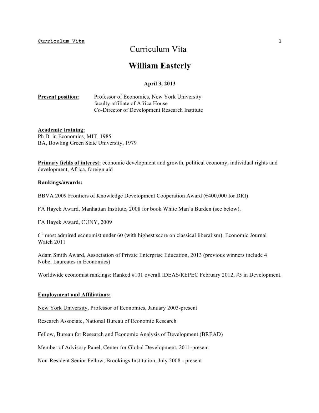 Curriculum Vita William Easterly