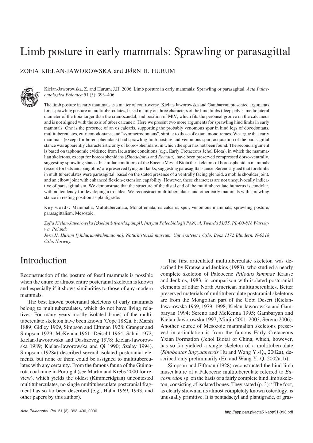 Limb Posture in Early Mammals: Sprawling Or Parasagittal