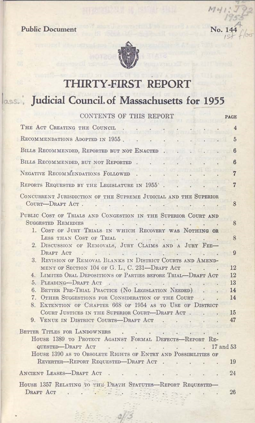 THIRTY-FIRST REPORT Judicial Council, of Massachusetts for 1955