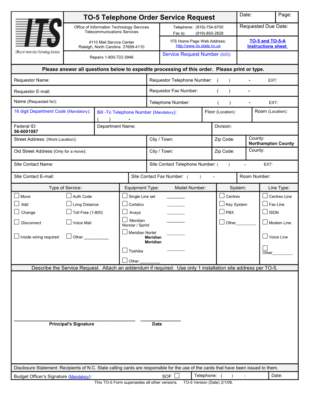 Telephone Order Service Request Form (TO-5)