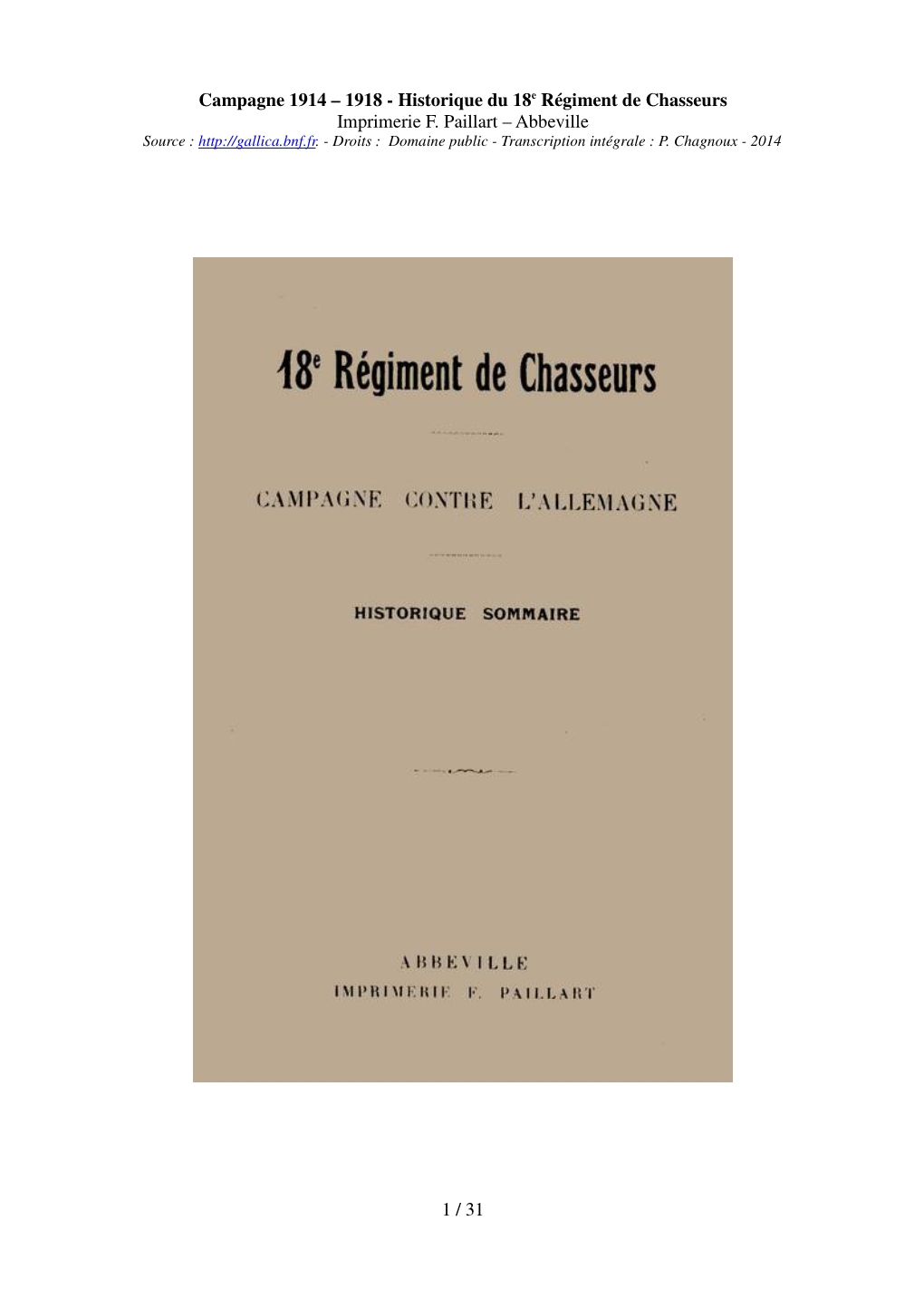 Historique Du 18E Régiment De Chasseurs Imprimerie F. Paillart