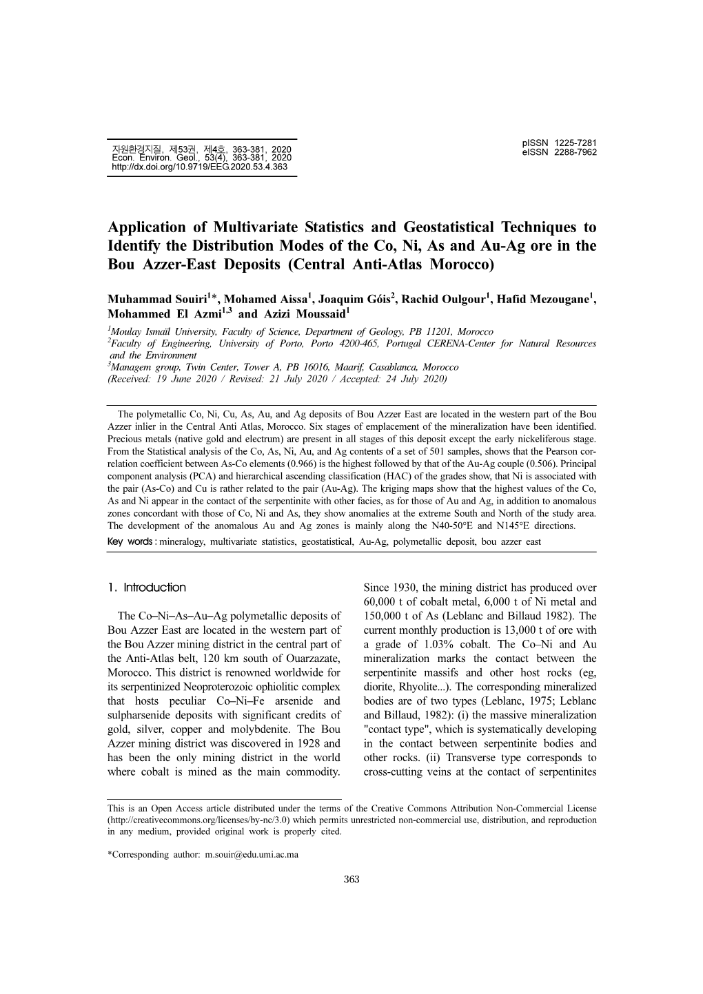 Application of Multivariate Statistics and Geostatistical Techniques to Identify the Distribution Modes of the Co, Ni, As and Au