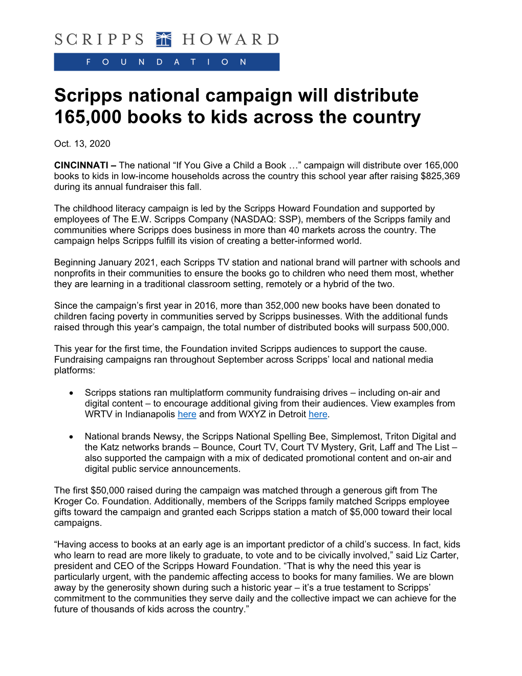 Scripps National Campaign Will Distribute 165,000 Books to Kids Across the Country