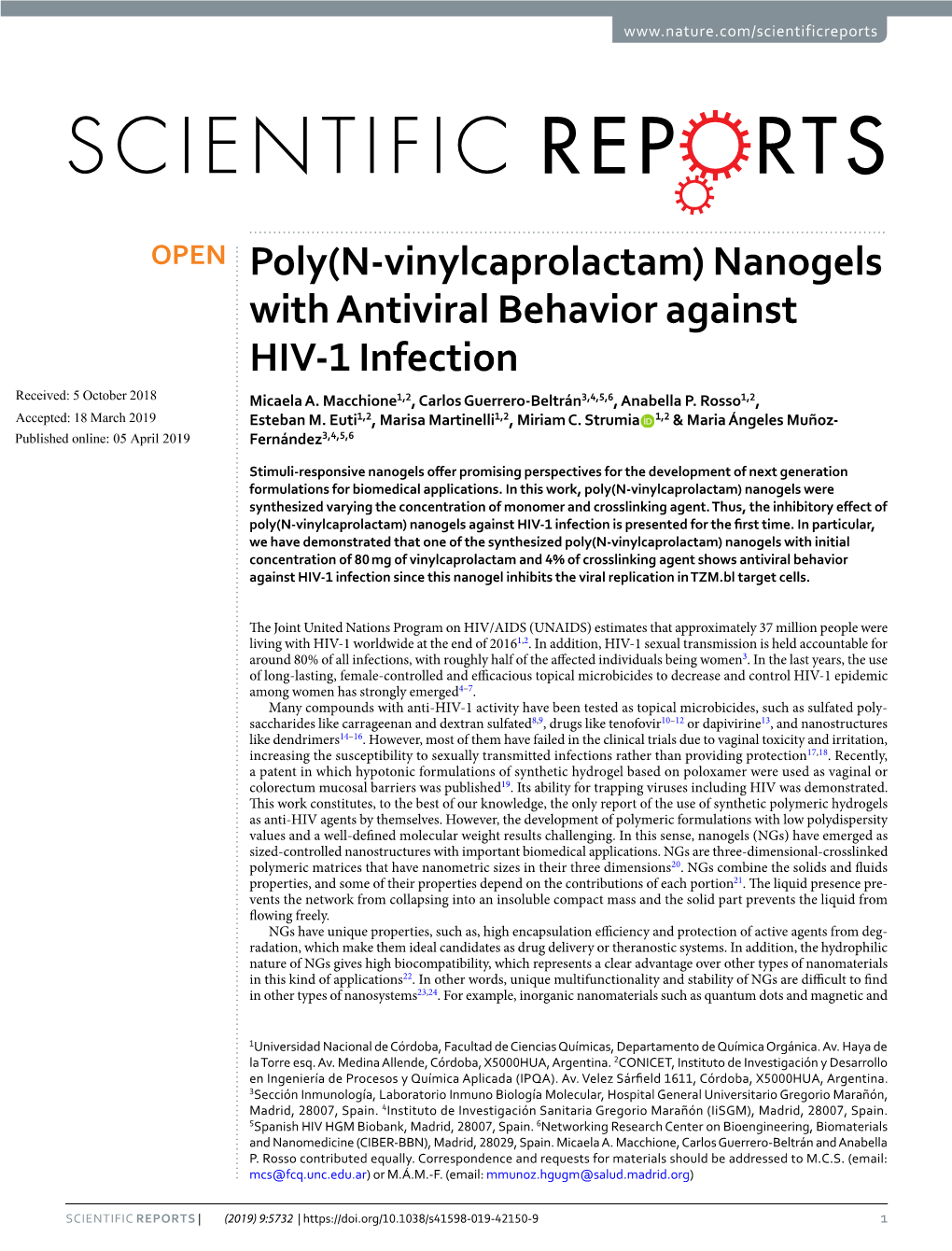 Nanogels with Antiviral Behavior Against HIV-1 Infection Received: 5 October 2018 Micaela A