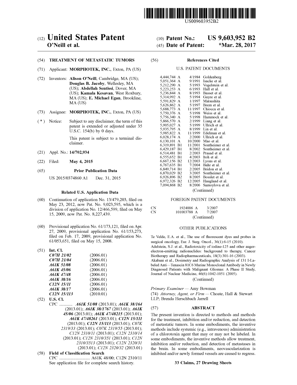 (12) United States Patent (10) Patent No.: US 9,603,952 B2 O'neill Et Al