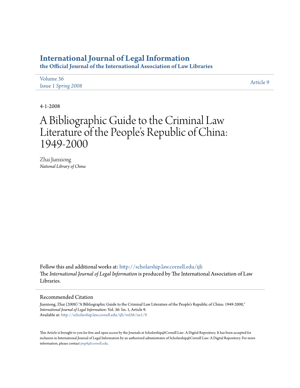 A Bibliographic Guide to the Criminal Law Literature of the People's