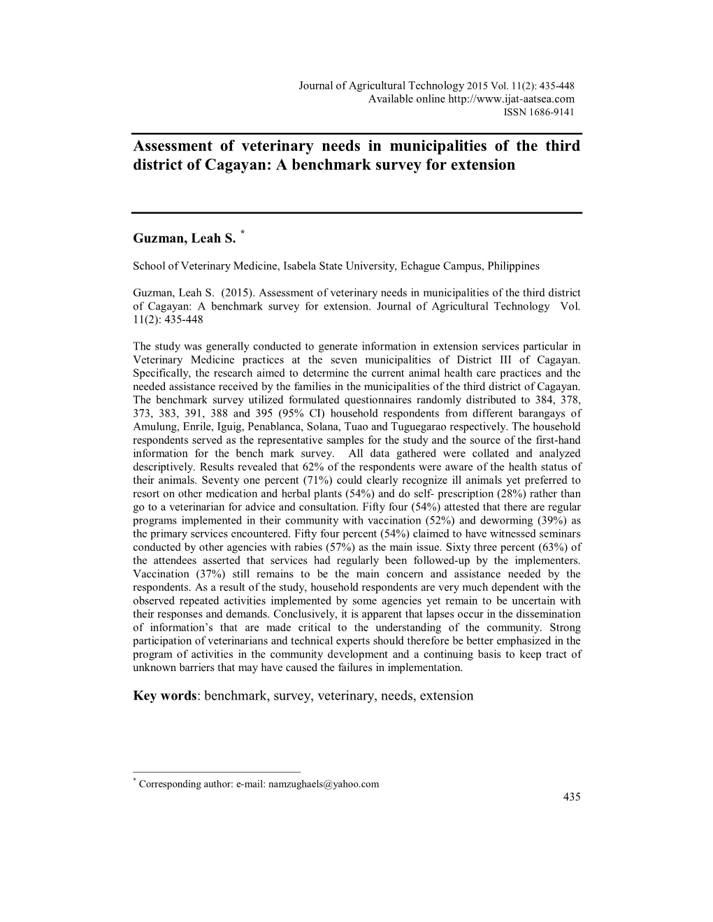 Assessment of Veterinary Needs in Municipalities of the Third District of Cagayan: a Benchmark Survey for Extension