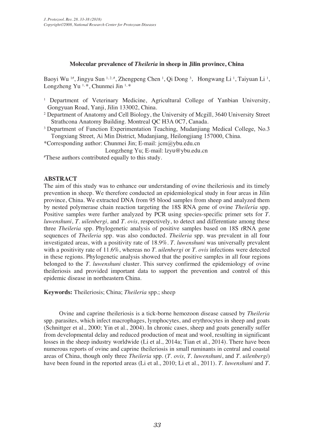 Molecular Prevalence of Theileria in Sheep in Jilin Province, China Baoyi