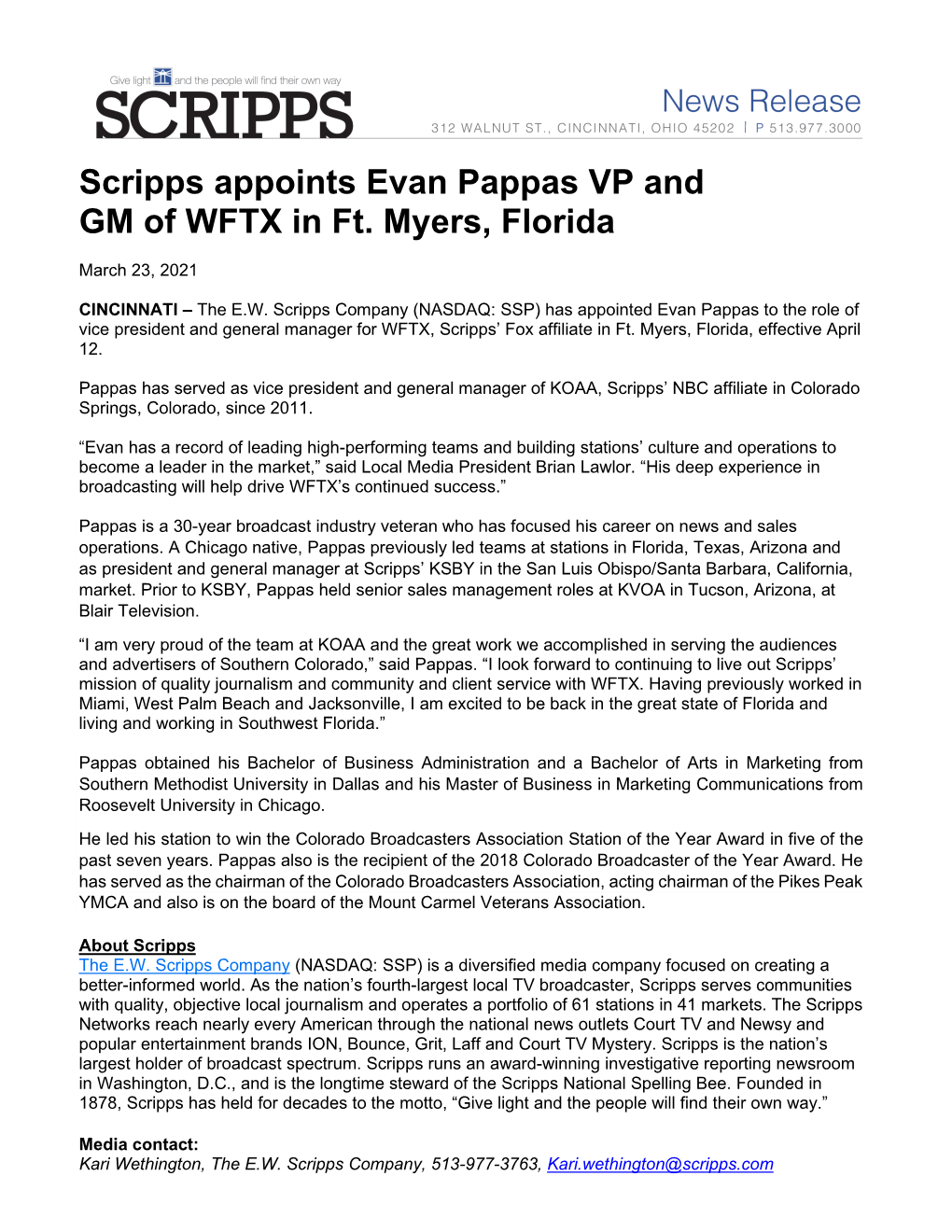 Scripps Appoints Evan Pappas VP and GM of WFTX in Ft. Myers, Florida
