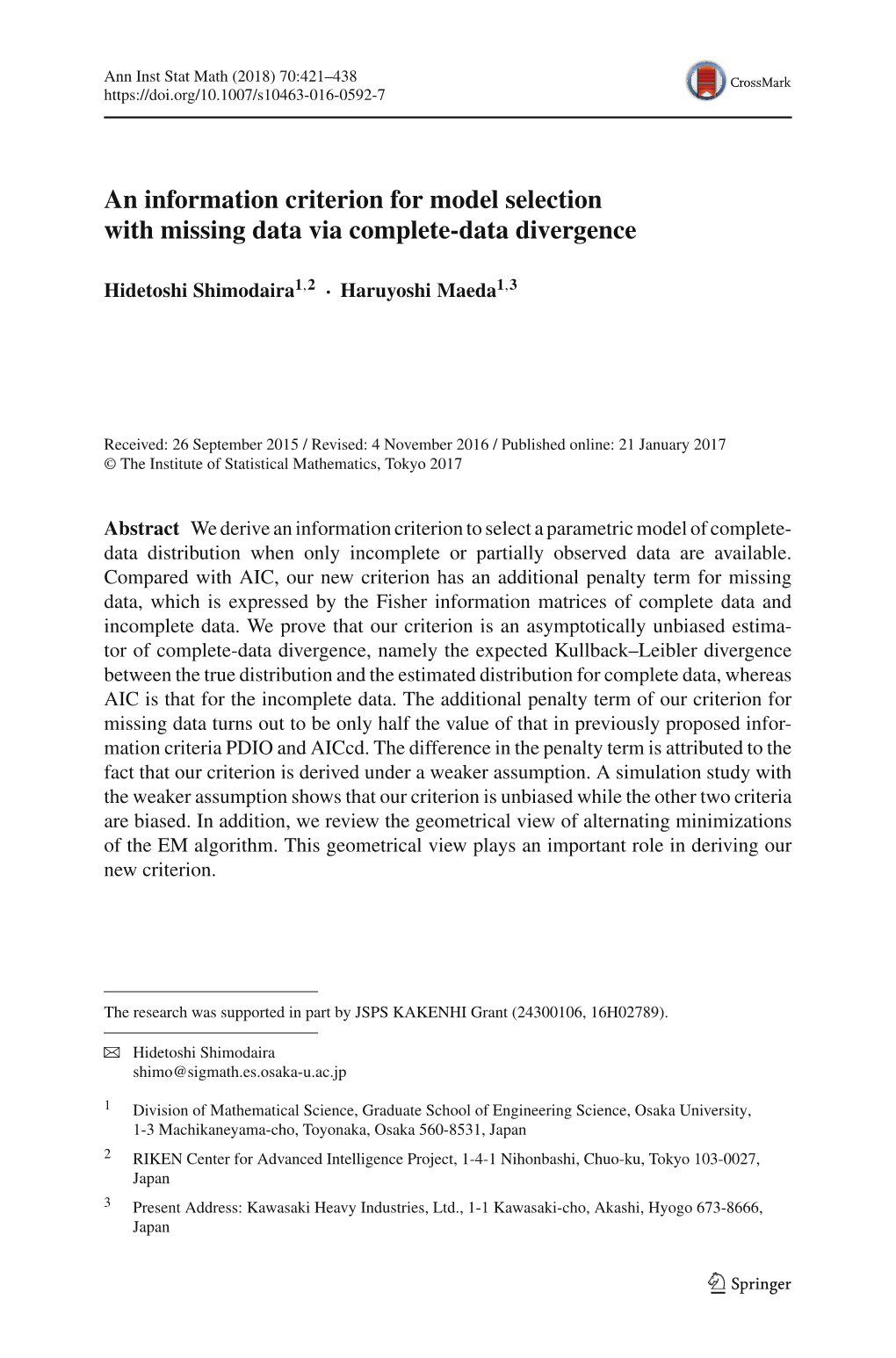 An Information Criterion for Model Selection with Missing Data Via Complete-Data Divergence