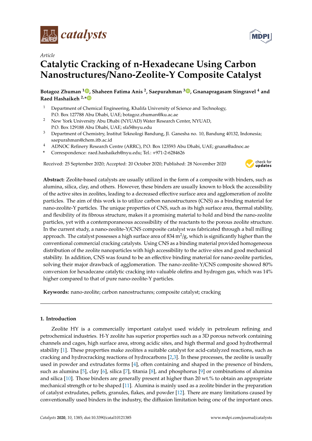 Catalytic Cracking of N-Hexadecane Using Carbon Nanostructures/Nano-Zeolite-Y Composite Catalyst