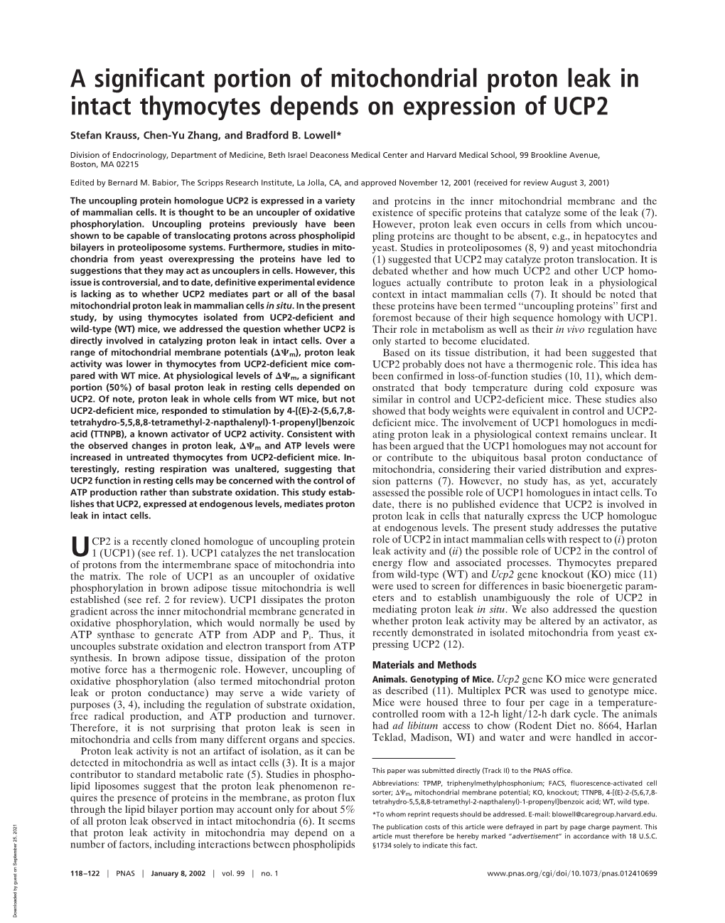 A Significant Portion of Mitochondrial Proton Leak in Intact Thymocytes Depends on Expression of UCP2